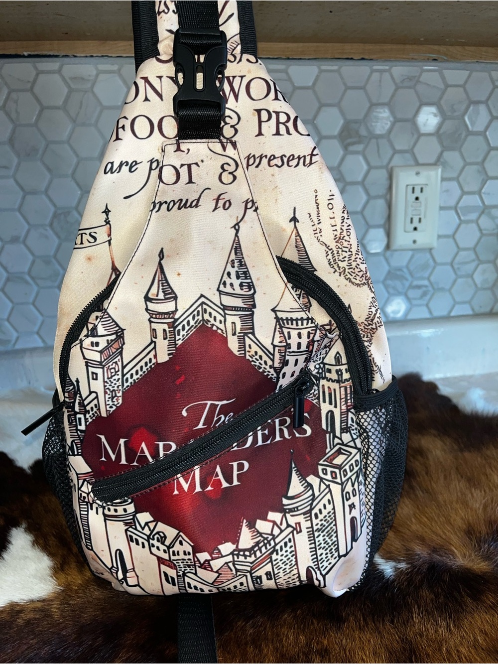 Marauder's Map Themed Sling Backpack - Cream & Deep Red